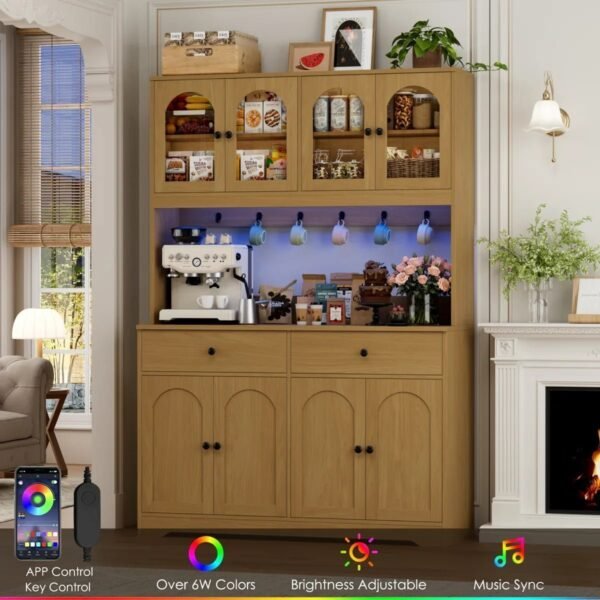 71″ LED Kitchen Pantry Cabinet with Power Outlet, Large Kitchen Hutch Storage Cabinet
