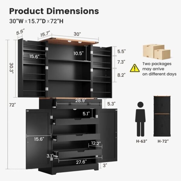 72″ Kitchen Pantry Storage Cabinet with 8 Hanging Shelves and 3 Sliding Drawers